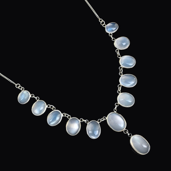 Antique Silver Translucent Blue Cabochon Moonstone Necklace