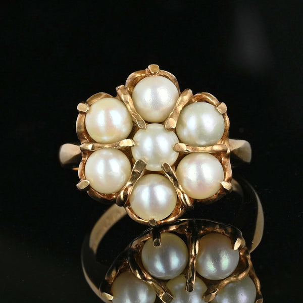 Vintage 10K Gold Pearl Halo Cluster Ring - Boylerpf