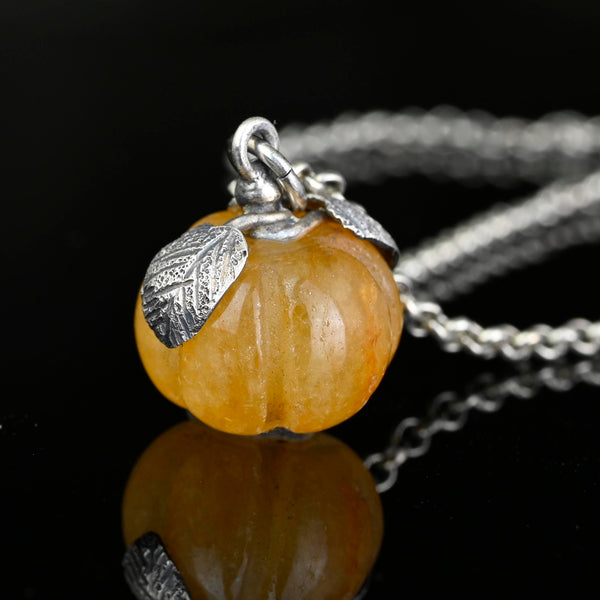 Vintage Yellow Jadeite Pumpkin Pendant, Sterling Silver