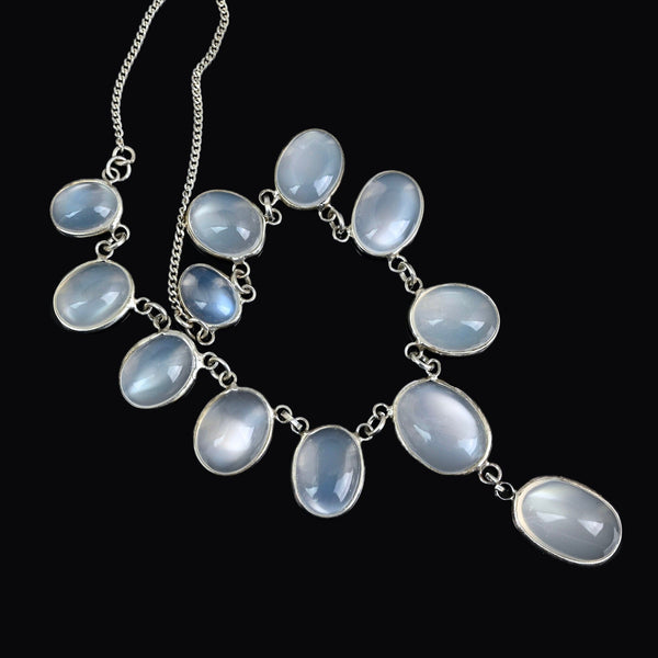 Antique Silver Translucent Blue Cabochon Moonstone Necklace