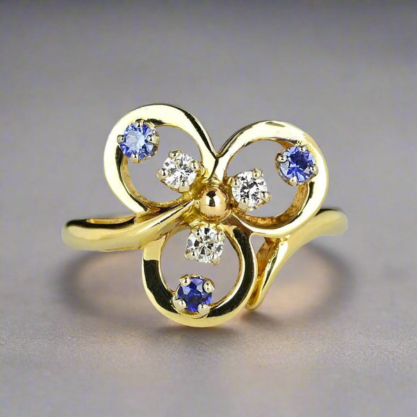 Vintage 14K Gold Diamond Sapphire Three Leaf Clover Ring - Boylerpf