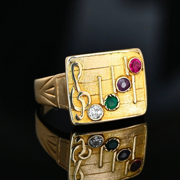 Edwardian DEAR Acrostic Ring, 14K Gold Signet Diamond Ruby Clef