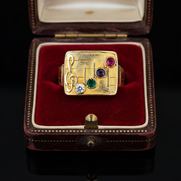 Edwardian DEAR Acrostic Ring, 14K Gold Signet Diamond Ruby Clef