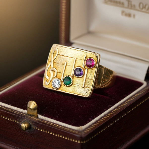 Edwardian DEAR Acrostic Ring, 14K Gold Signet Diamond Ruby Clef