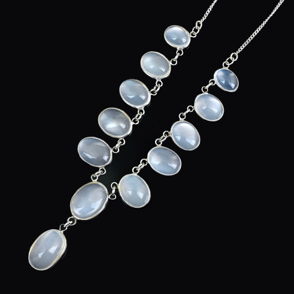 Antique Silver Translucent Blue Cabochon Moonstone Necklace