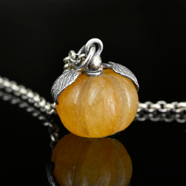 Vintage Yellow Jadeite Pumpkin Pendant, Sterling Silver