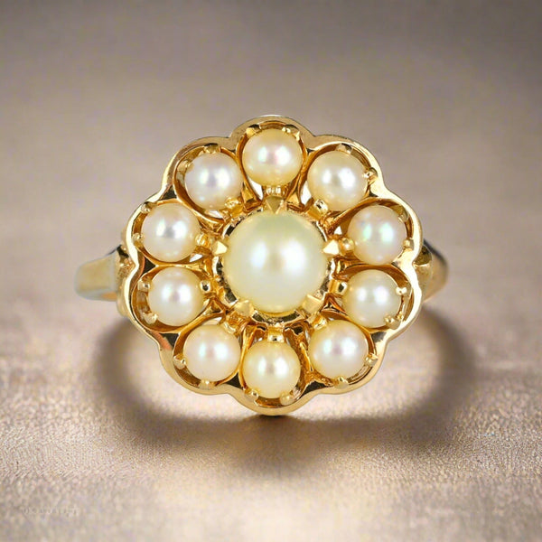 Vintage Gold Scallop Edge Pearl Cluster Ring - Boylerpf