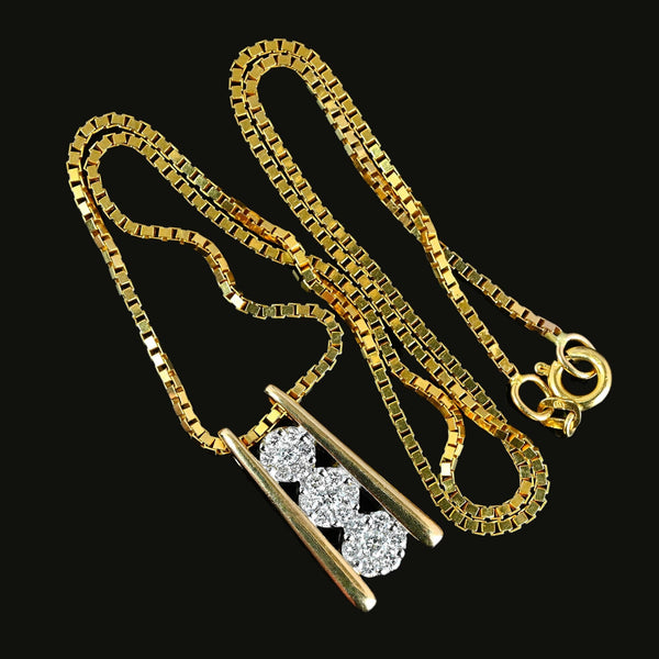 Vintage 14K Gold Triple Diamond Cluster Pendant Necklace - Boylerpf