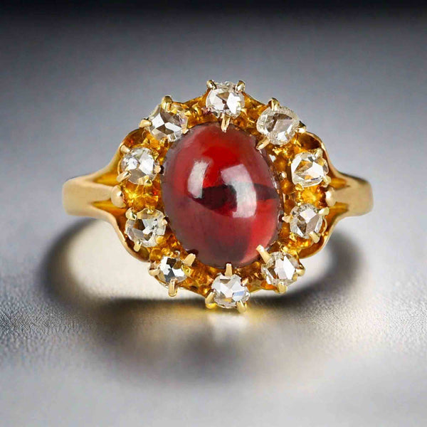 Antique Rose Cut Diamond Halo Garnet Cabochon Ring - Boylerpf