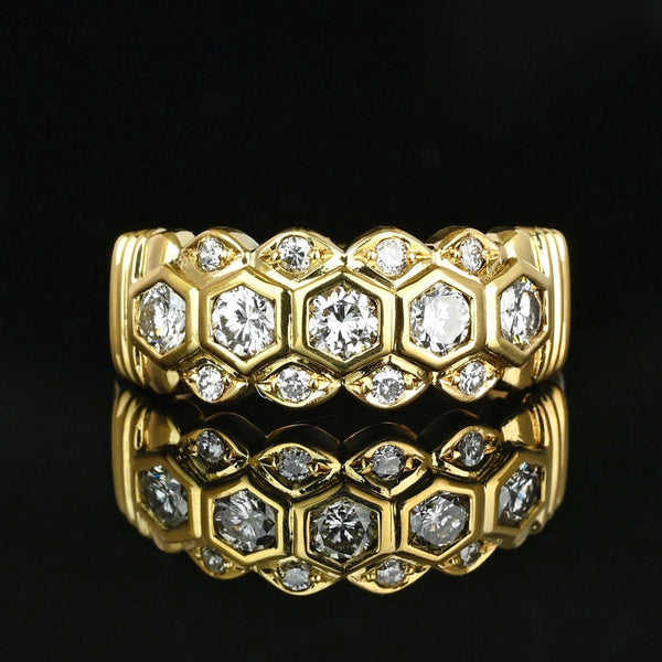 Wide 18K Gold Three Row Diamond Ring Band, Five Stone - Boylerpf