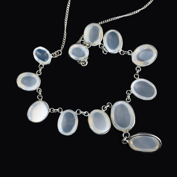 Antique Silver Translucent Blue Cabochon Moonstone Necklace