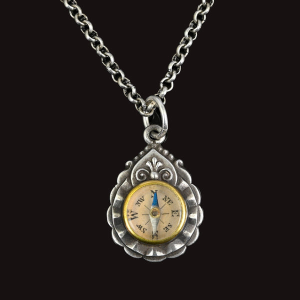 Antique Victorian Silver Working Compass Pendant, C. 1884