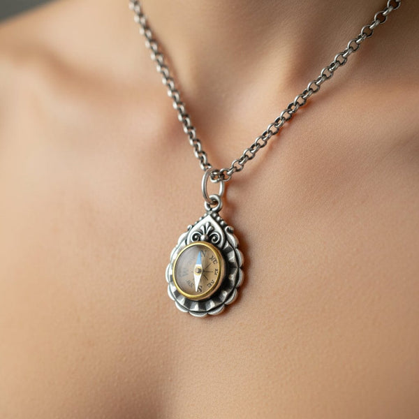 Antique Victorian Silver Working Compass Pendant, C. 1884