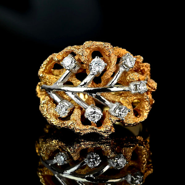 Vintage 14K Gold Diamond Cluster Leaf Ring