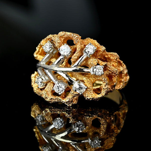 Vintage 14K Gold Diamond Cluster Leaf Ring