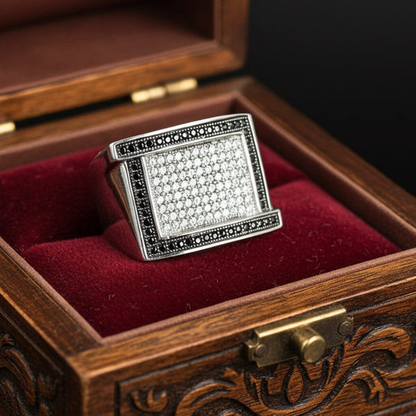 Vintage Sterling Silver Black & White Diamond Signet Ring