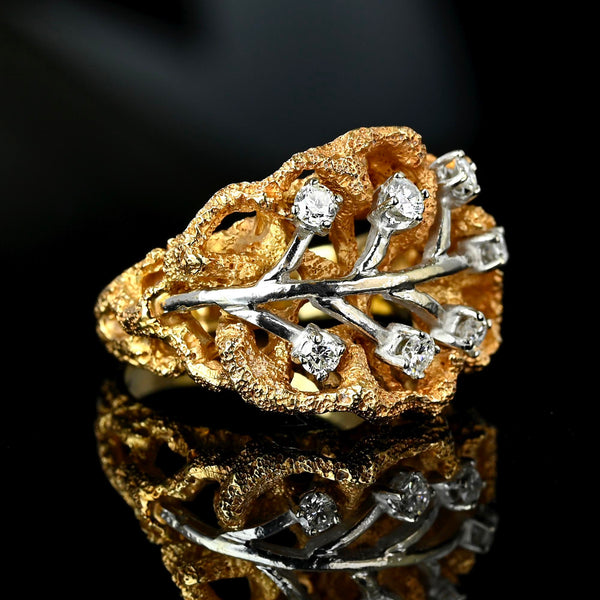 Vintage 14K Gold Diamond Cluster Leaf Ring