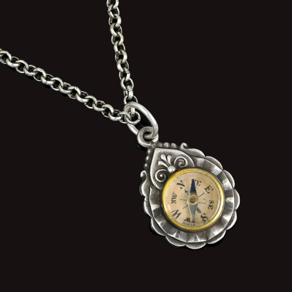 Antique Victorian Silver Working Compass Pendant, C. 1884