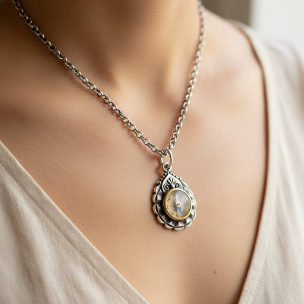 Antique Victorian Silver Working Compass Pendant, C. 1884