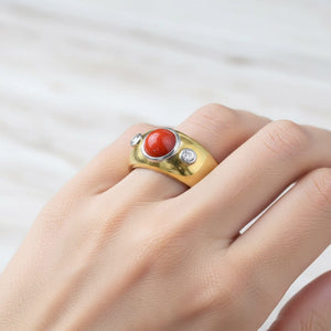 Antique 18K Gold Coral Diamond Gypsy Band Ring - Boylerpf