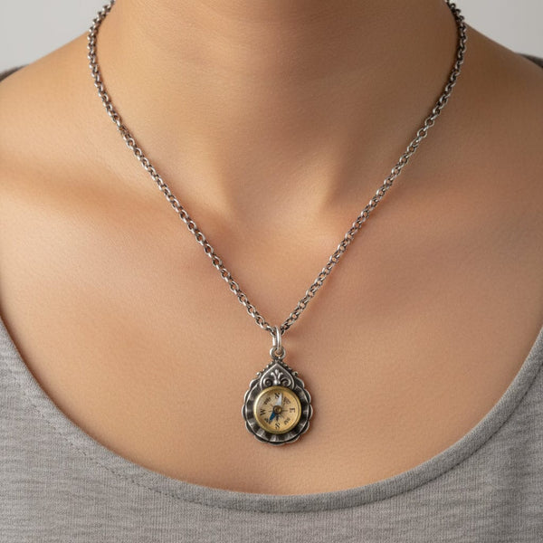 Antique Victorian Silver Working Compass Pendant, C. 1884