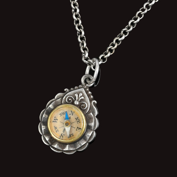 Antique Victorian Silver Working Compass Pendant, C. 1884