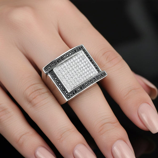 Vintage Sterling Silver Black & White Diamond Signet Ring