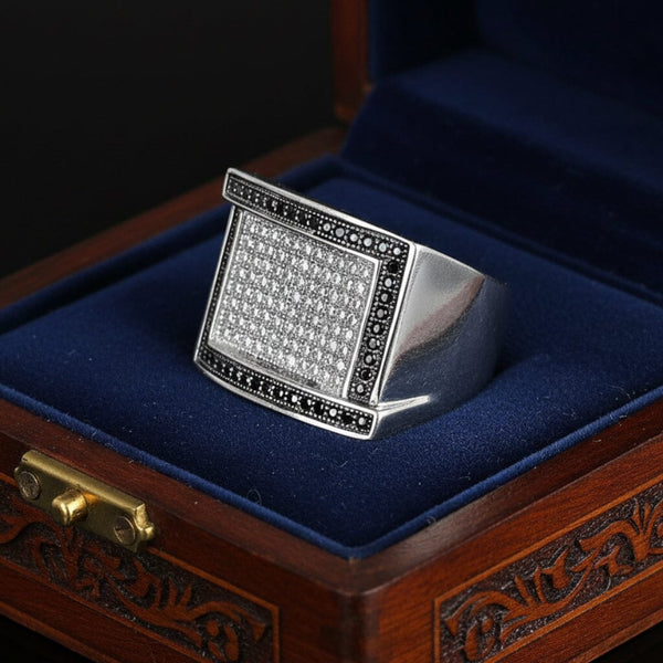 Vintage Sterling Silver Black & White Diamond Signet Ring