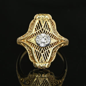 Vintage 10K Gold Floral Filigree Diamond Shield Ring - Boylerpf