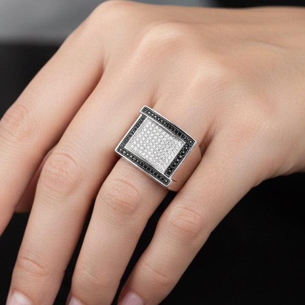 Vintage Sterling Silver Black & White Diamond Signet Ring