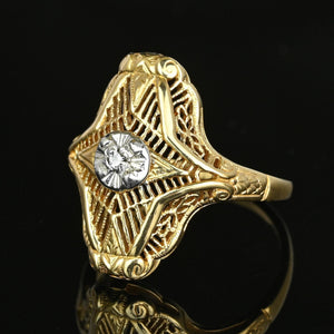 Vintage 10K Gold Floral Filigree Diamond Shield Ring - Boylerpf