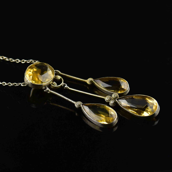 Antique Silver Citrine Art Deco Drop Pendant Necklace - Boylerpf