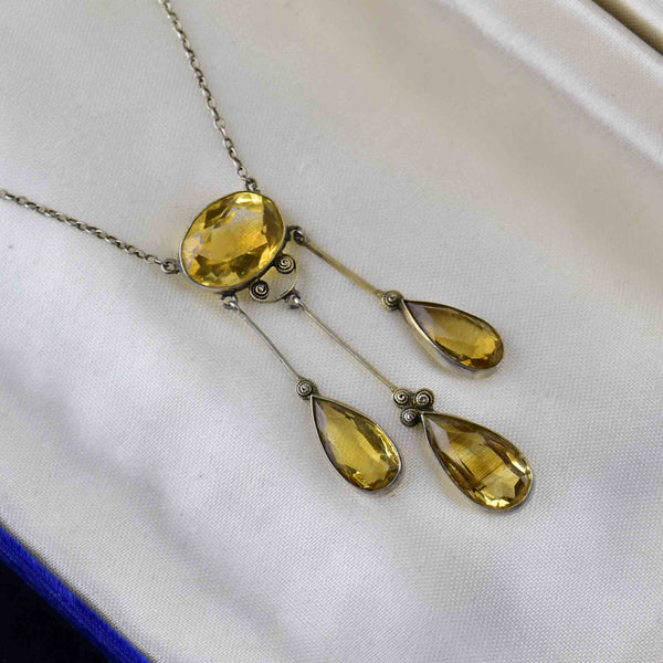 Antique Silver Citrine Art Deco Drop Pendant Necklace - Boylerpf