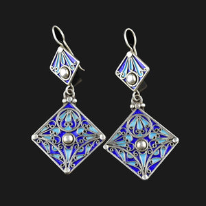 Vintage Geometric Silver Blue Enamel Chandelier Earrings - Boylerpf
