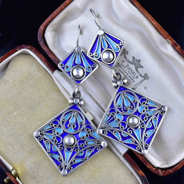 Vintage Geometric Silver Blue Enamel Chandelier Earrings - Boylerpf