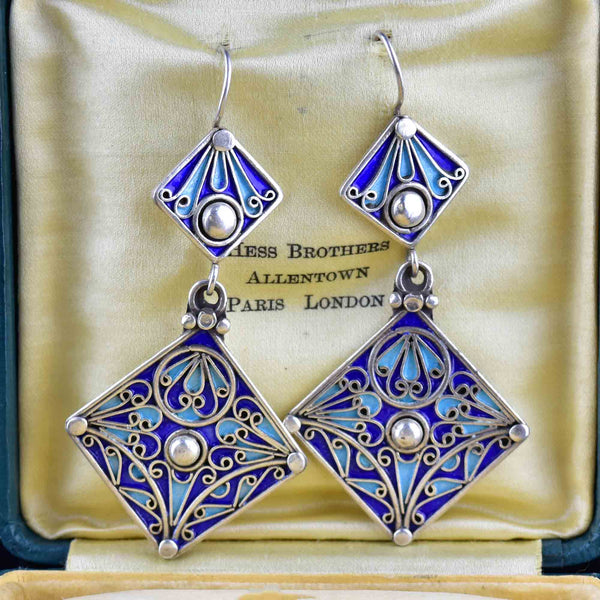 Vintage Geometric Silver Blue Enamel Chandelier Earrings - Boylerpf