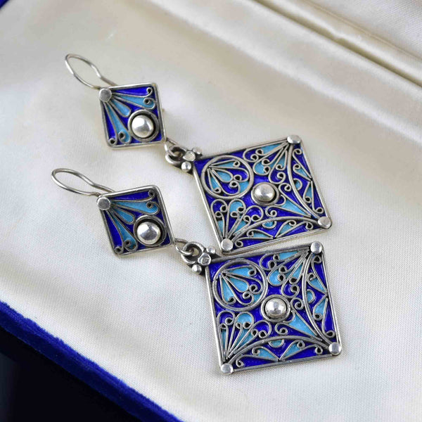 Vintage Geometric Silver Blue Enamel Chandelier Earrings - Boylerpf