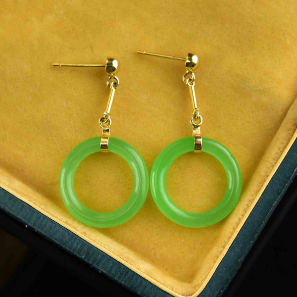 14K Gold Bar Jade Hoop Dangle Earrings - Boylerpf