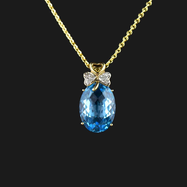 Gold Three Leaf Clover Diamond Blue Topaz Pendant Necklace - Boylerpf