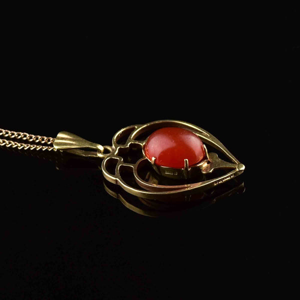 Vintage Art Deco Gold Carnelian Cabochon Pendant Necklace - Boylerpf