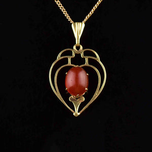 Vintage Art Deco Gold Carnelian Cabochon Pendant Necklace - Boylerpf