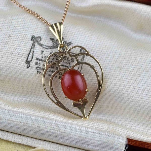 Vintage Art Deco Gold Carnelian Cabochon Pendant Necklace - Boylerpf