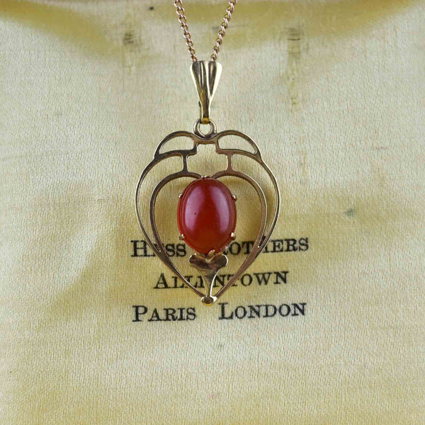 Vintage Art Deco Gold Carnelian Cabochon Pendant Necklace - Boylerpf