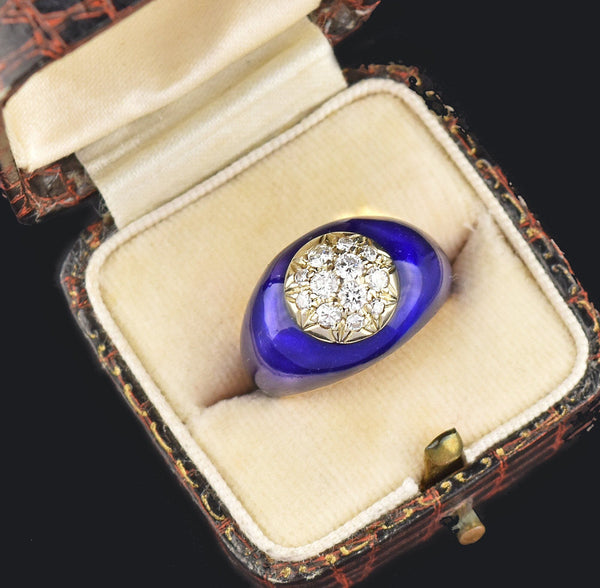Vintage 14K Gold Cobalt Blue Enamel Diamond Dome Ring - Boylerpf