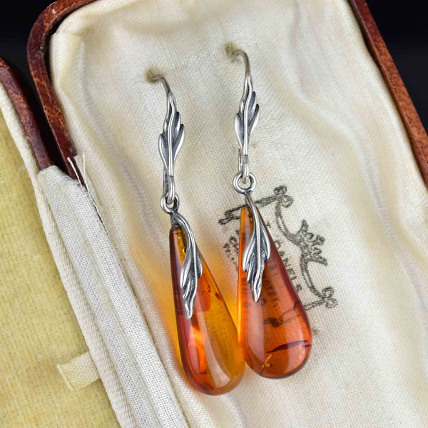 Arts and Crafts Style Silver Leaf Amber Cabochon Drop Earrings - Boylerpf