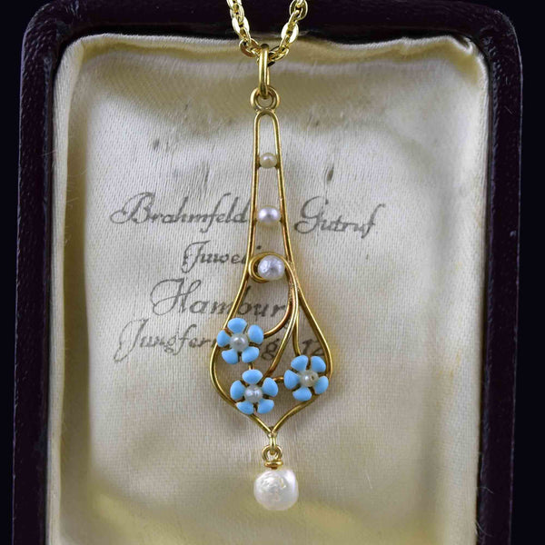 Krementz Art Nouveau 14K Gold Pearl Enamel Forget Me Not Necklace - Boylerpf