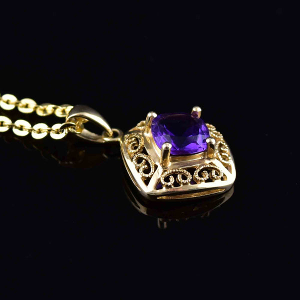 Vintage 14K Gold Filigree Amethyst Pendant Necklace - Boylerpf