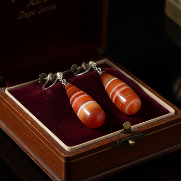 Antique Carnelian Banded Agate Silver Drop Earrings