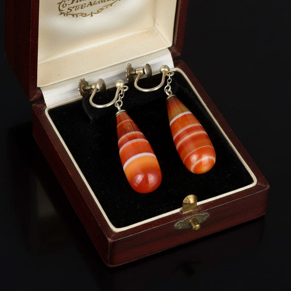 Antique Carnelian Banded Agate Silver Drop Earrings