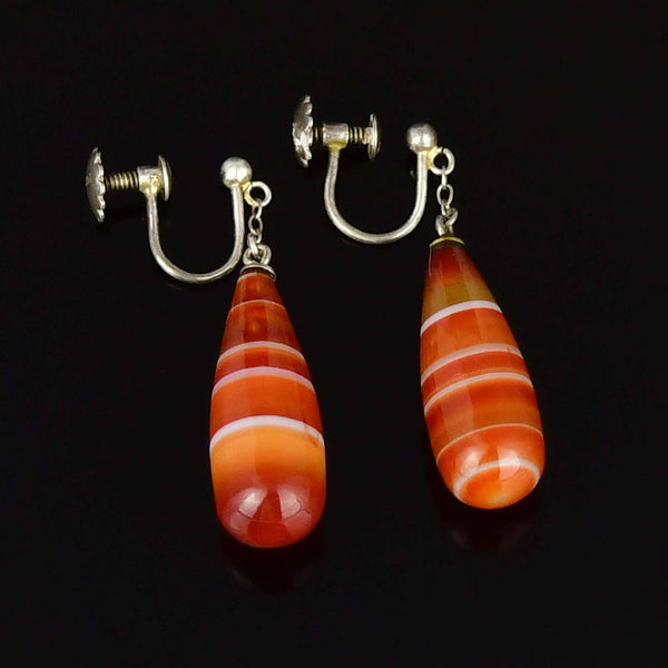 Antique Carnelian Banded Agate Silver Drop Earrings
